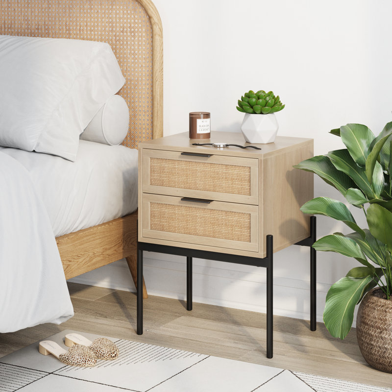 2 - Drawer End Table, Oak/Cane/Black