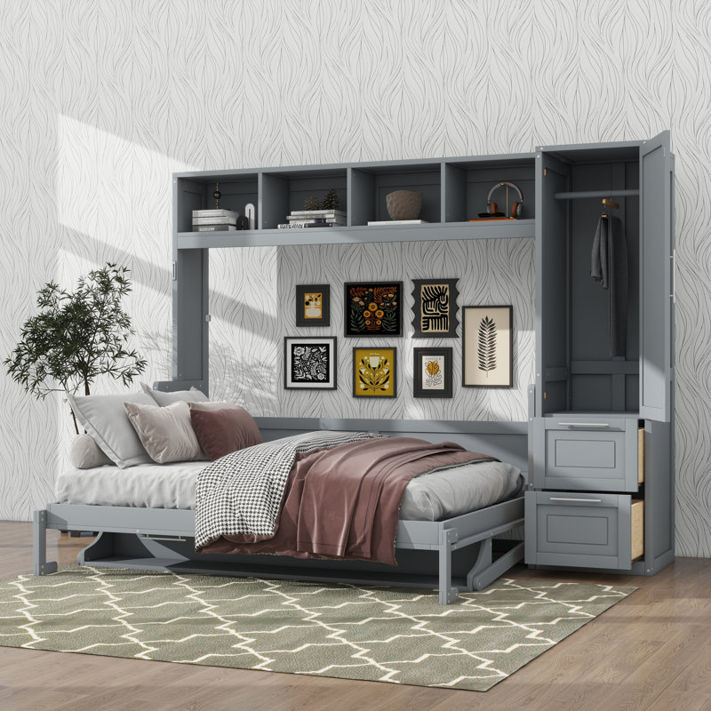 Grand lit escamotable mural avec placard, tablettes et tiroirs intégrés, Gris, Grand lit