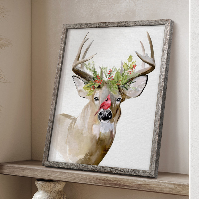 «Holiday Deer II», reproduction encadrée - bois massif