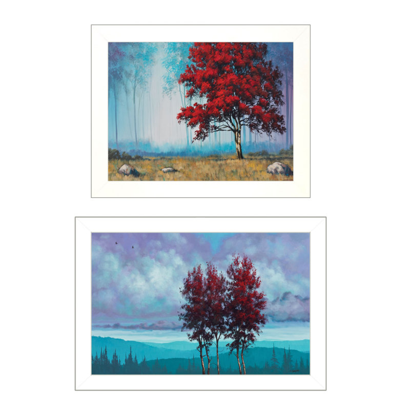 Ensemble de deux arbres rouges, art mural, Cadre de coin blanc fermé