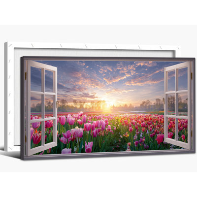  Art mural sur toile de printemps, décor d'œuvres d'art de la fenêtre ouverte, paysage floral, grand tableau, grands champs de fleurs vibrantes, grandes impressions scéniques pour le salon ou la chambre à coucher, 16 x 32 pouces