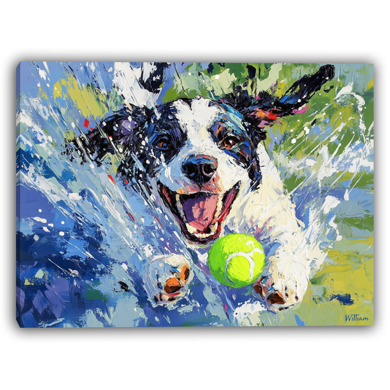 Joyful Splash - Chien avec balle de tennis, H 24 po x l 36 po