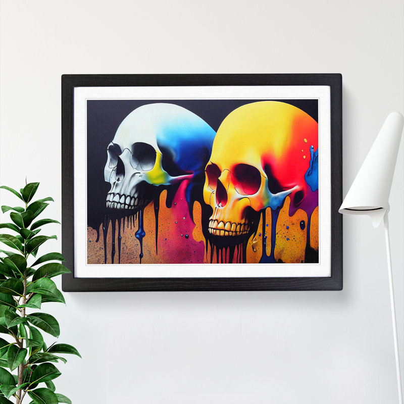 Dripping Paint Skulls - Single Picture Frame Painting, Black, 34cm H x 46cm W x 2cm D