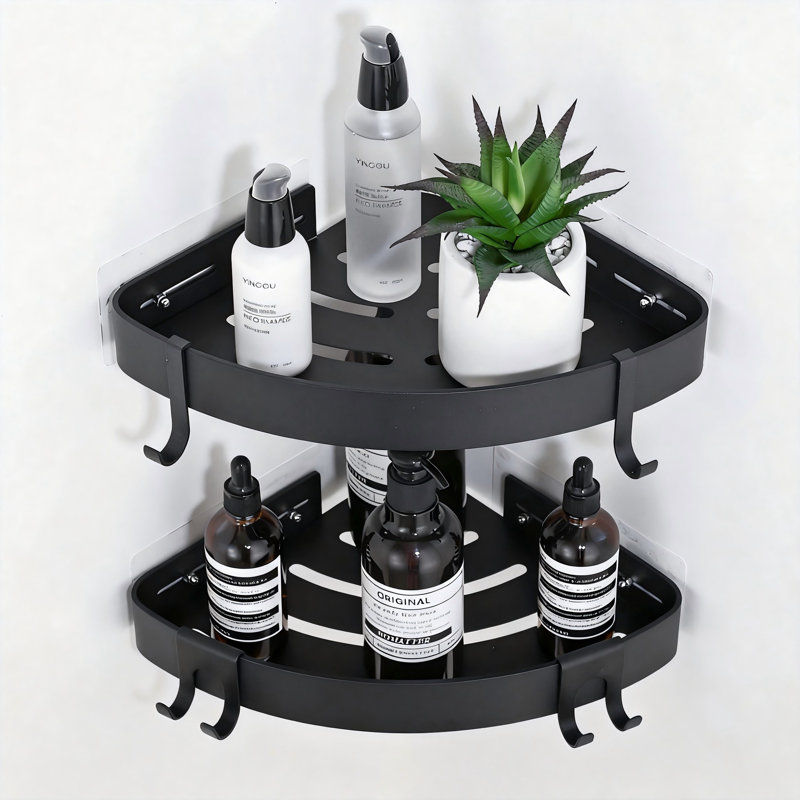 Serviteur de douche en coin avec crochets, organisateur de salle de bain en aluminium résistant à la rouille sans perçage, paquet de 2 (noir)