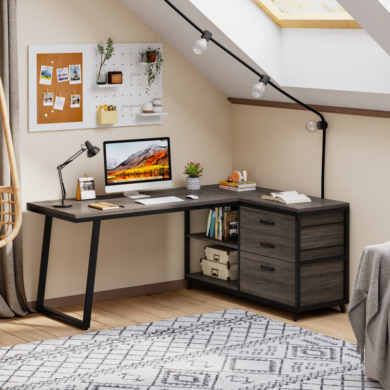L-Shaped Metal Base Computer Desk, Grey/Black