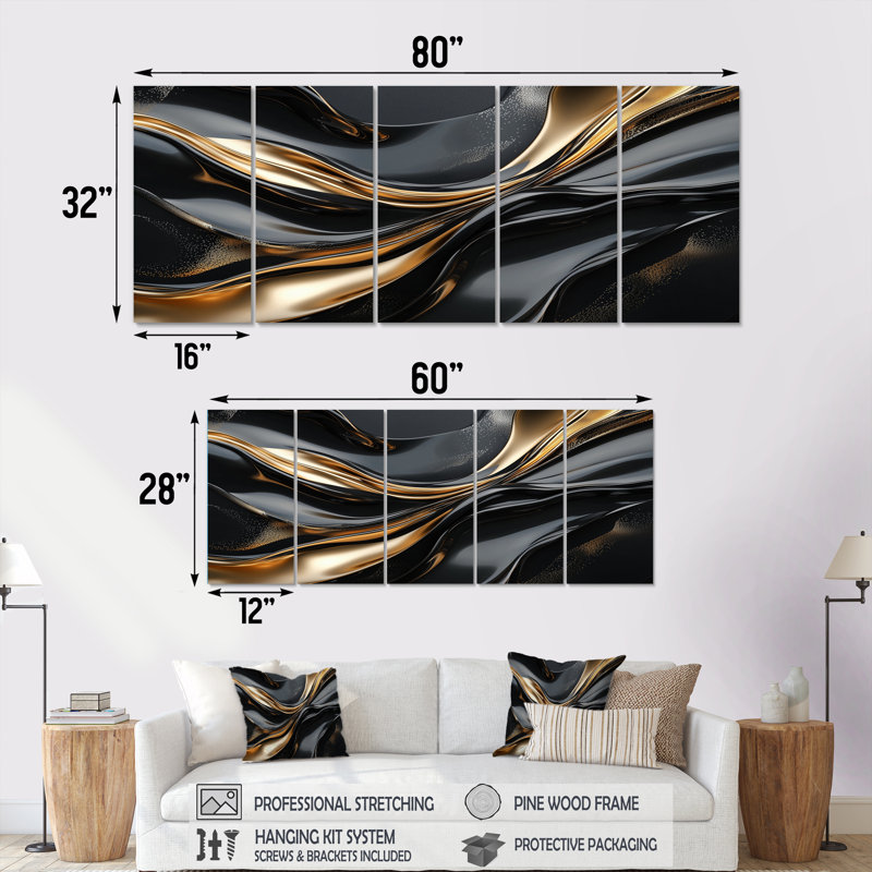 Captivating Gold and Black Marble IV - Abstract Modern Waves, ensemble d'art sur toile, H 28 po x l 60 po