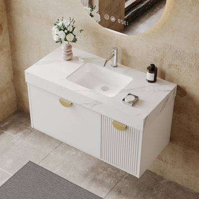 36'' Single Bathroom Vanity with Faux Marble Top, Floating Bathroom Vanity with Sink, U-Shaped Cutout Drawer and Multi-layer Solid Wood
