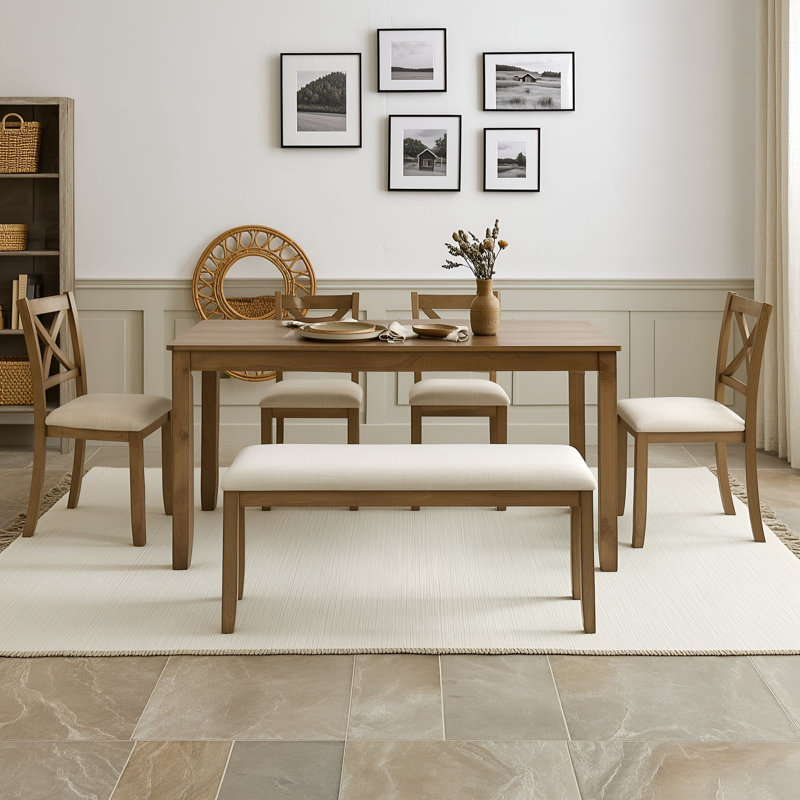 Ensemble de table et de chaises rectangulaires avec banc rembourré et quatre chaises