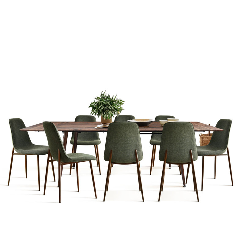 9-Piece Extendable Dining Table Set with 8 Upholstered Chairs, Rectangular Table with Leaf Storage, Green