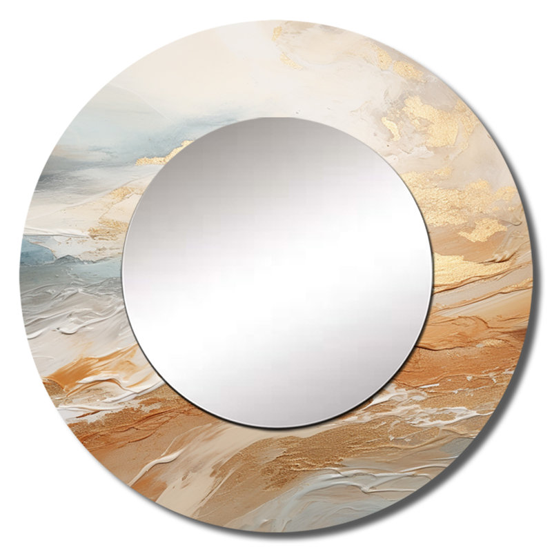 Gold And Blue Beach Sand Fusion II - Coastal Unique Wall Mirror Decor, Beige Large Round Mirror, Printed Metal Art, 36" x 36"