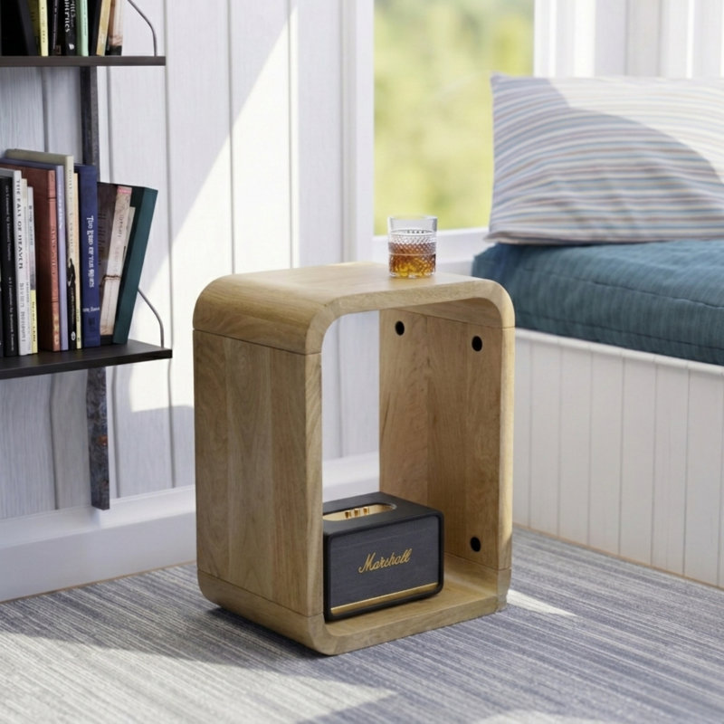Modern Solid  Wood End Table with Open Cube Storage, Black Finish, Black