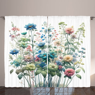 Ambesonne Curtains 2 Panel Set, Garden Peony Flowers Leaves, White Turquoise Salmon -  p_sd1780_108x84