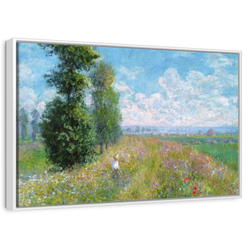 Pré avec peupliers, 31 po x 21 po, Cadre flottant blanc