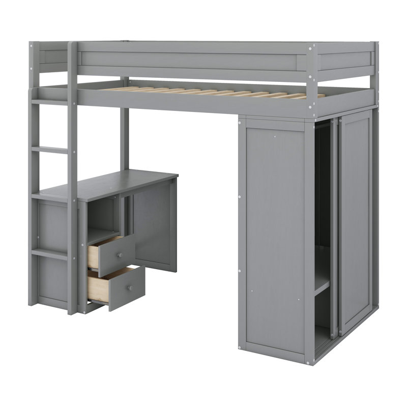 Lit mezzanine en bois avec garde-robe, 2 tiroirs, bureau et tablettes de rangement, Gris, Lit simple