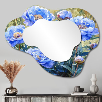 Blue Green Meadow Peony - miroir mural décoratif de pivoines, miroir de coiffeuse traditionnel, imprimé sur métal