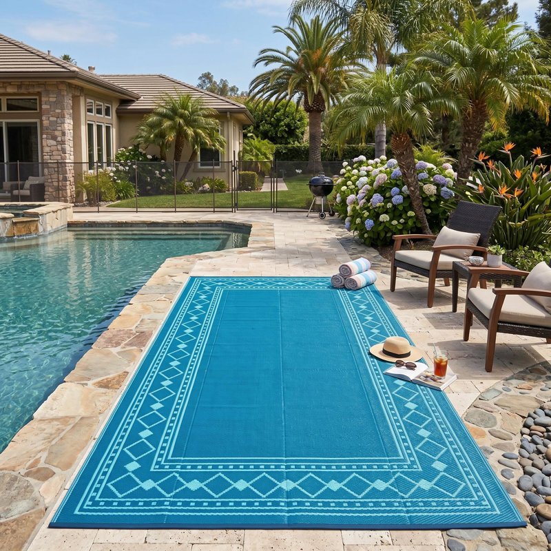 Grand tapis en plastique géométrique pour camping, porche, véhicule récréatif, réversible, imperméable, Teal, Runner 9' x 18'