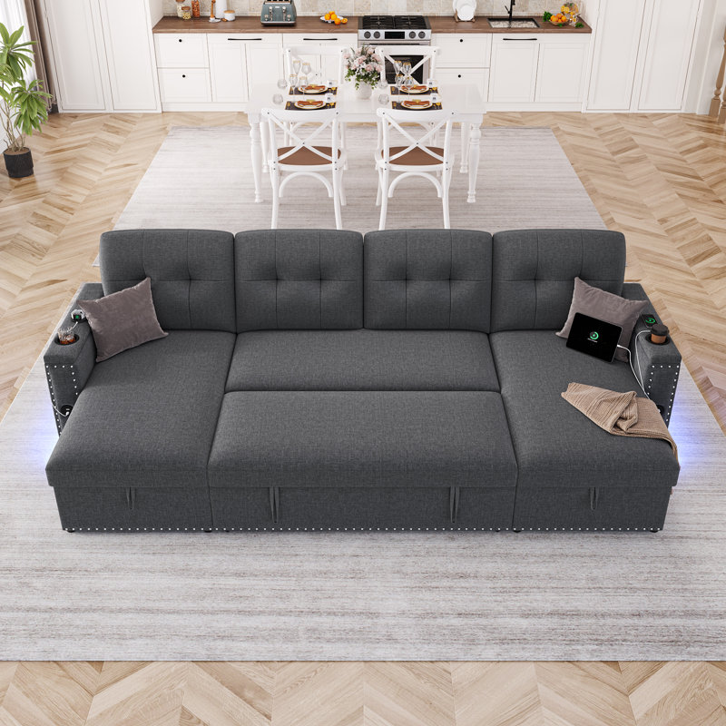 110'' U-Shaped Sectional Sofa Bed, Pull Out Sleeper Couch With Storage, Charging Station and Light Strips, Dark Gray Linen