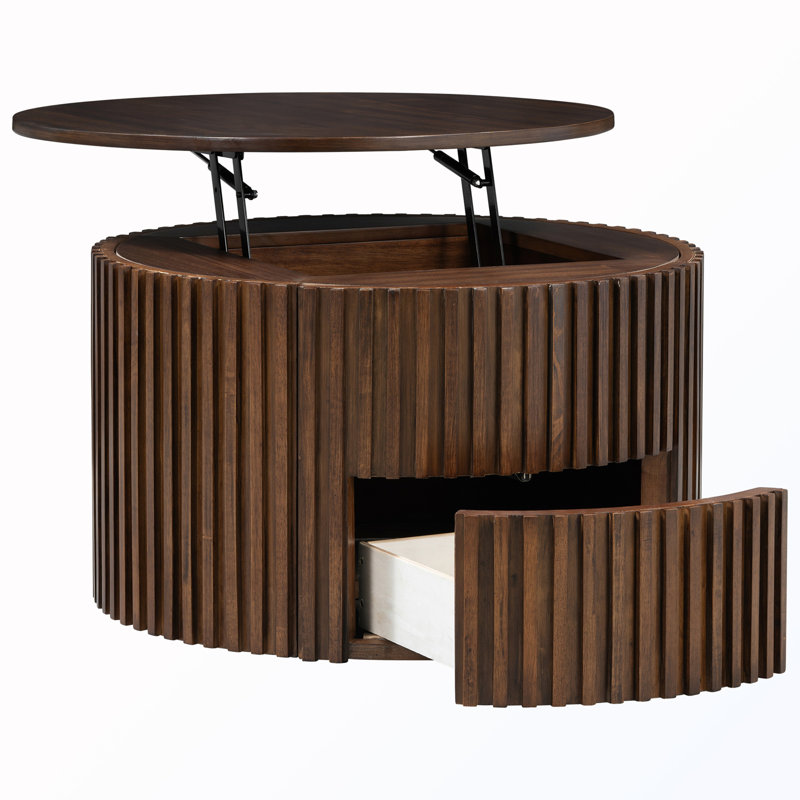 Table basse ronde à plateau relevable avec rangement dissimulé, Brun