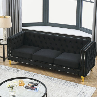 Canapé en velours pour le salon, canapé à accoudoirs carrés touffetés à boutons, canapé moderne avec boutons rembourrés et pieds en métal, canapé pour la chambre à coucher, velours