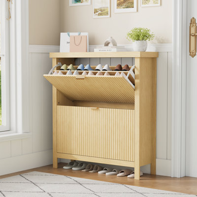 Meuble de rangement cannelé à chaussures pour entrée - 2 tiroirs rabattables, tablettes réglables, range-chaussures autoportant en bois pour le couloir ou le vestibule