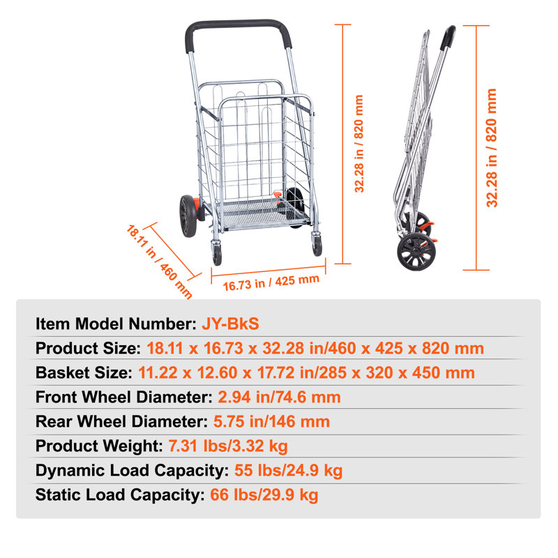 Chariot pliant, capacité de charge maximale de 66 lb, chariot utilitaire d'épicerie, H 32,28 po x l 16,73 po x P 18,11 po
