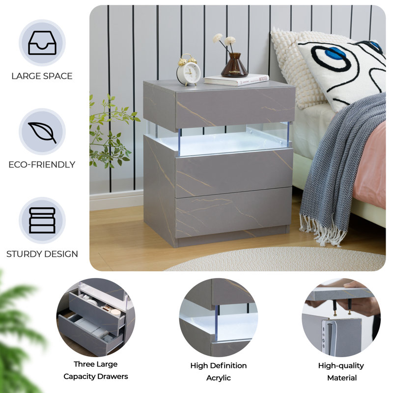 Gold and Gray Acrylic LED Nightstands with 3 Drawers