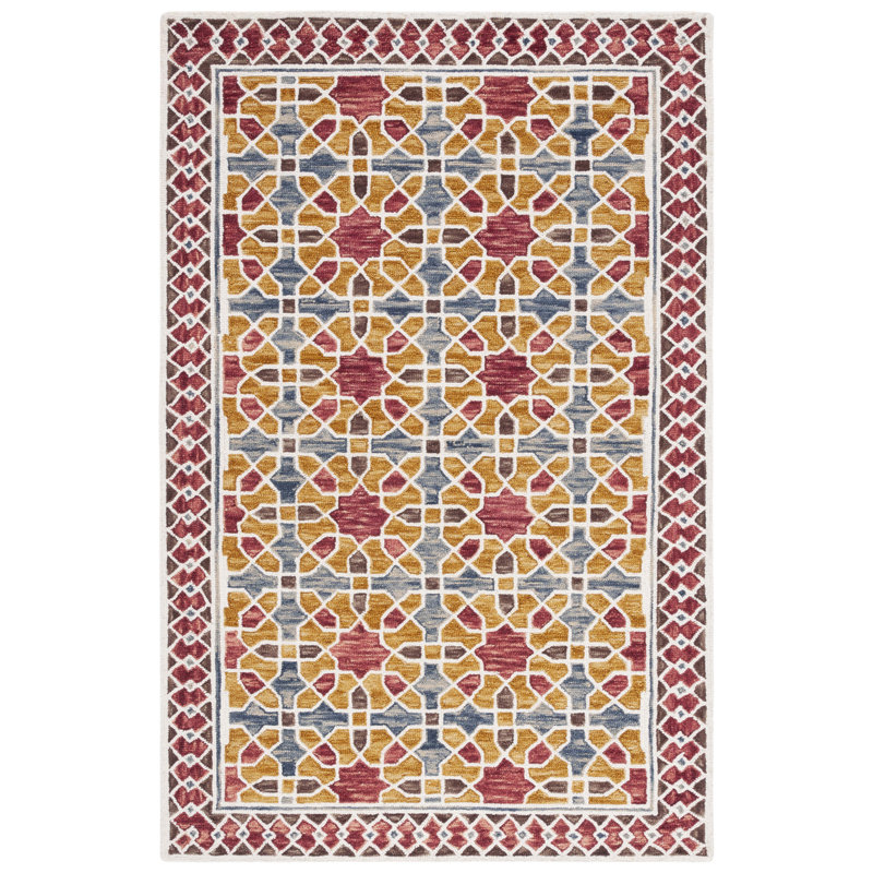 Tapis rouge / jaune en laine / coton touffeté à la main Bobbi-Jane, Rectangle 4 pi x 6 pi