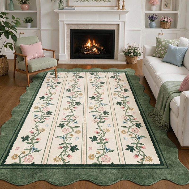 Tapis doux à motifs floraux festonnés – Lavable à la machine, antidérapant, style vintage, Beige, 5' x 7'