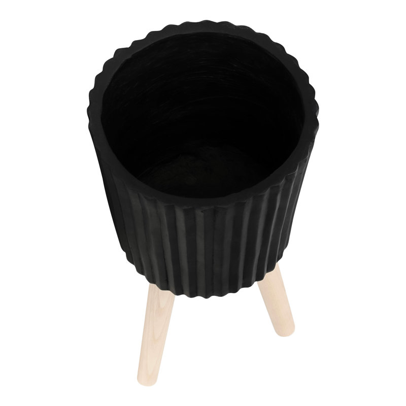 Pot à fleurs noir moderne de 12 po avec support en bois polyvalent pour l'intérieur et l'extérieur
