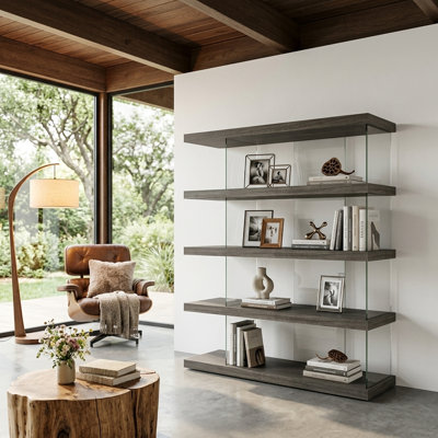 Bibliothèque moderne 47 "à 5 tablettes ouvertes avec côtés en verre trempé, tablette en grain de bois