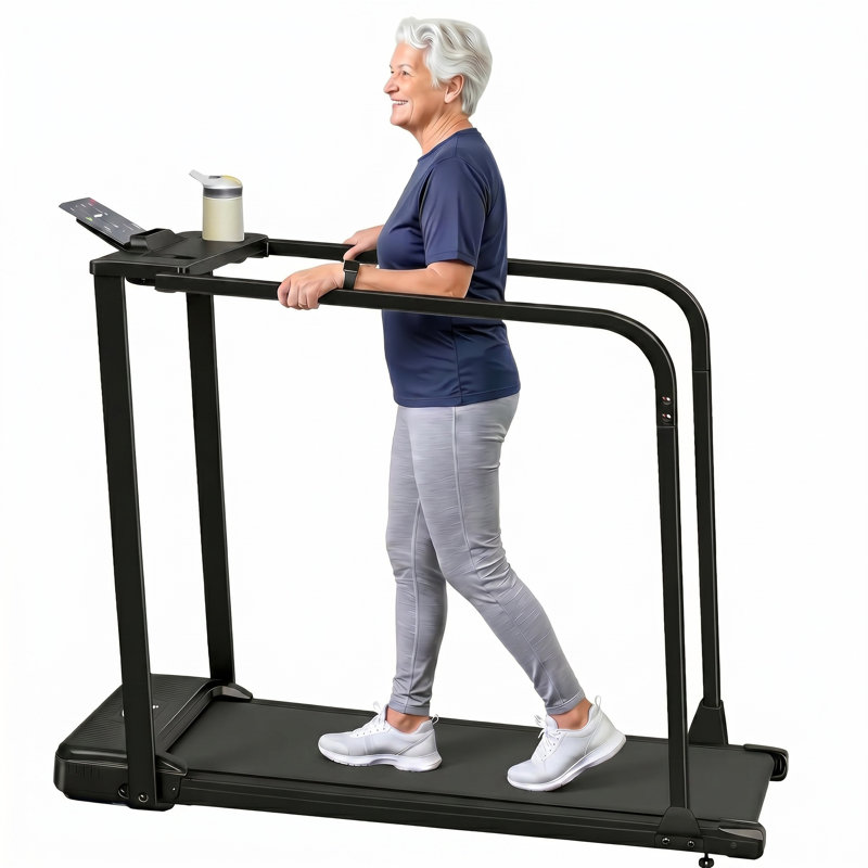 Walking Pad with Long Handrails for Seniors - Compact Treadmill with Incline for Home, Recovery Machine with Wheels, Remote Control, LED Display, Cup & Phone Holder