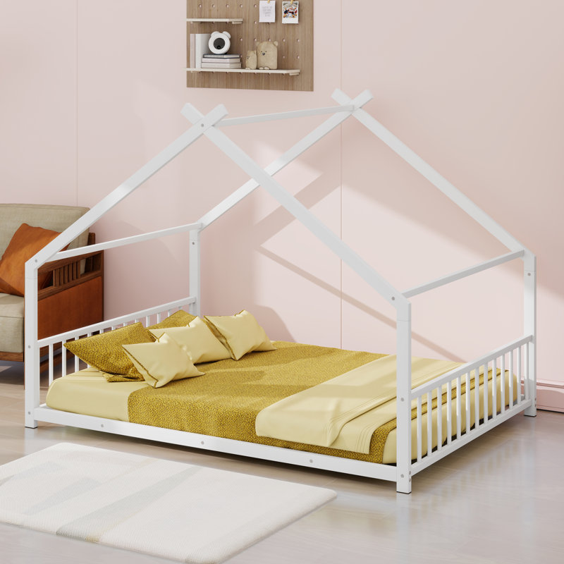 Lit en métal avec tête et pied de lit, Lit double, White