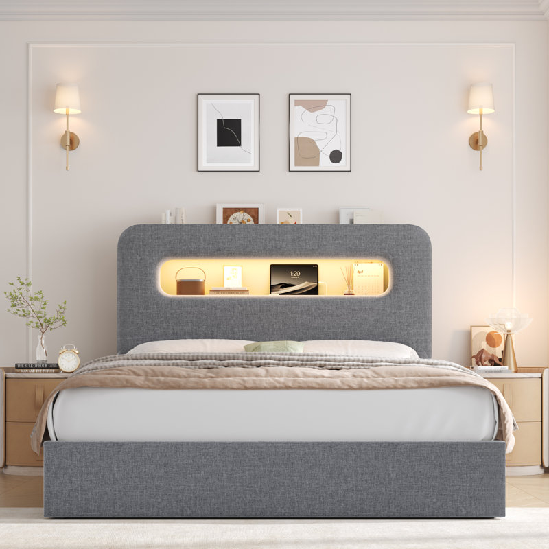 Upholstered Bed Frame, Storage Bed with LED and Charging Station, Queen, Grey