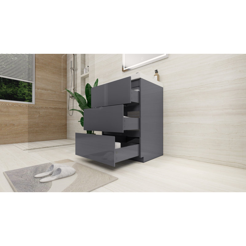 Meuble-lavabo autoportant Rheana 24 po avec évier en acrylique renforcé, Gris à haute brillance