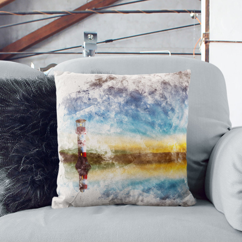Lighthouse and Seascape During Sunset Watercolour Cushion with Filling, 40cm H x 40cm W x 15cm D, Black