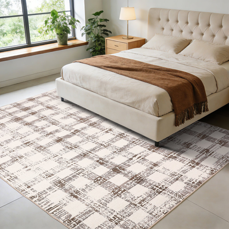 9x12 Geometric Checkered Area Rug, Modern Washable Floor Carpet, Non-Slip Low Pile Soft Rug for Bedroom Living Room Dining Room, Beige