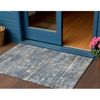 3' X 5' Denim Blue And Gray Geometric Washable Indoor Outdoor Area Rug
