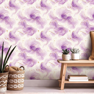 Papier de contact à peler et coller avec aquarelle liquide mauve et lignes de paillettes dorées Marbre violet pastel auto-adhésif et amovible 24 po x 118 po (60 x 300 cm)