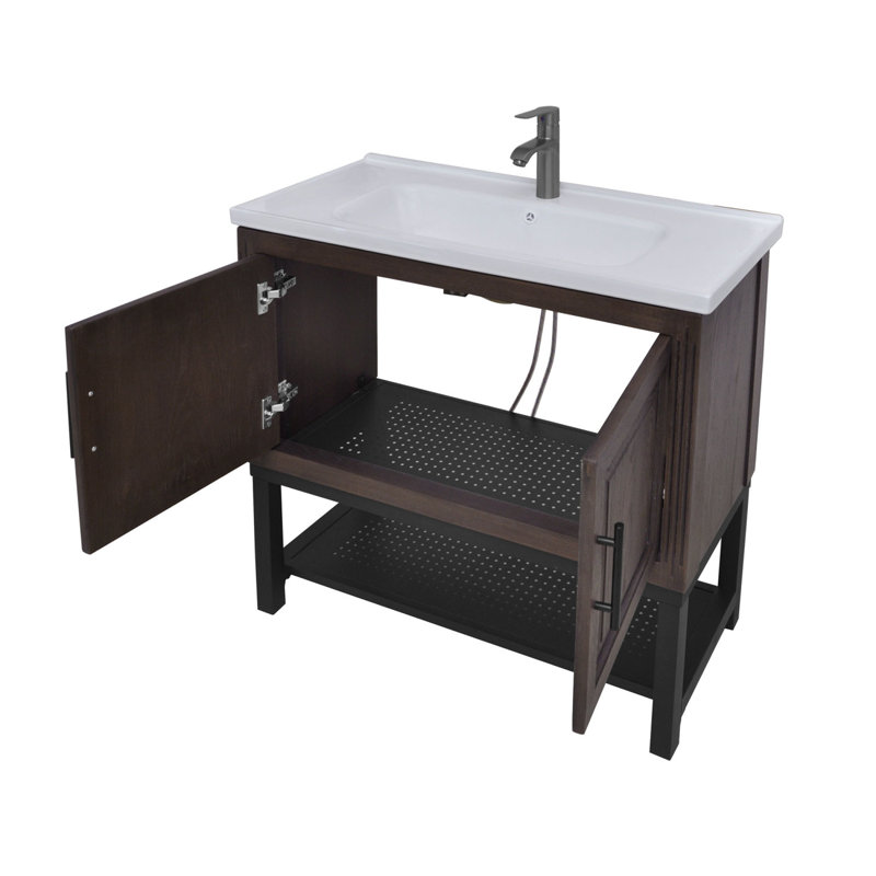 Meuble-lavabo autoportant 36 po avec lavabo et robinet en céramique, 2 portes et tablette ouverte en fer, Brun