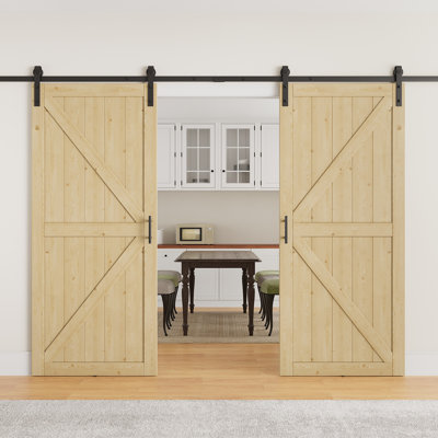 Porte de grange coulissante en bois de sapin massif 84 po H 84 po, à peindre, avec garde-robe