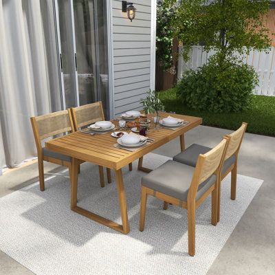 4-Person Rectangle Solid Wood Outdoor Patio Dining Set With Thick Cushions