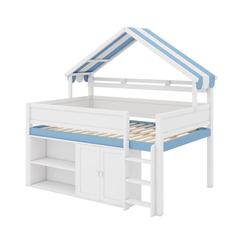 Lit mezzanine double avec toit à baldaquin, Blanc / Bleu