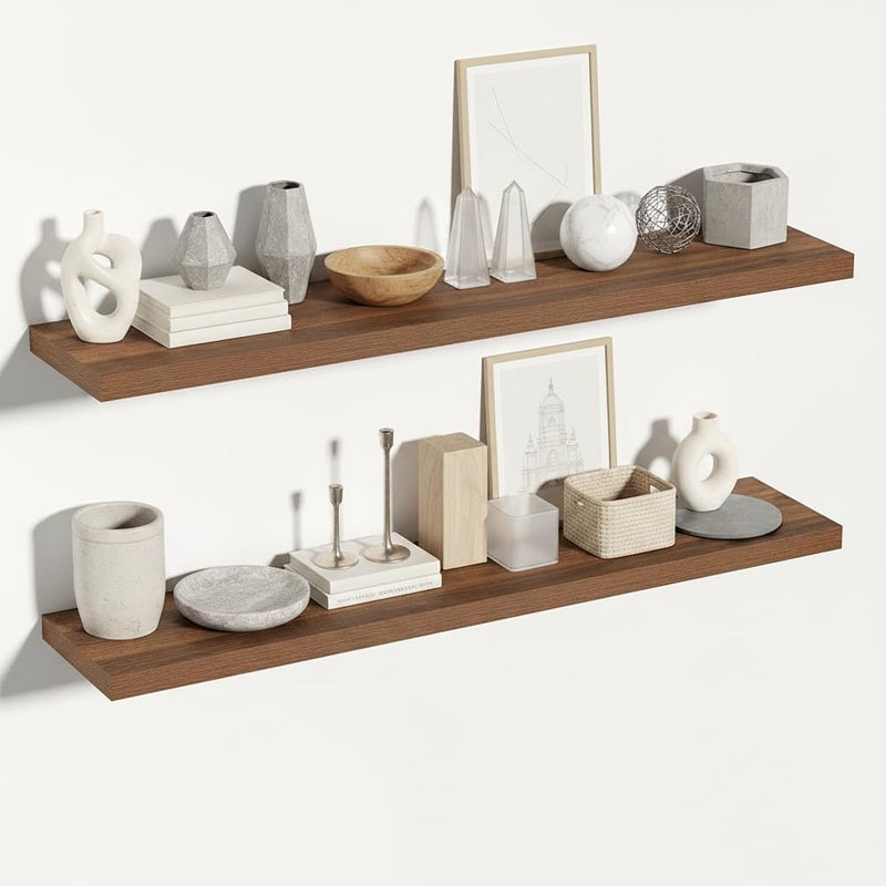 Étagères flottantes en noyer, ensemble de 2, étagères murales profondes en bois avec supports invisibles pour chambre, salon, cuisine et salle de bain