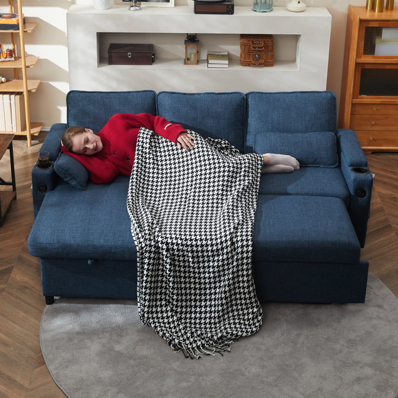 L Shaped Sofa Sleeper & Chaise, Blue