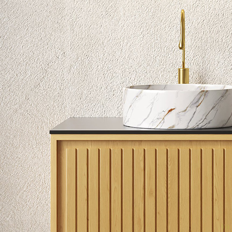 Meuble-lavabo de 30 po avec lavabo, armoire de rangement murale en contreplaqué avec tiroir, comptoir en pierre Sinte et lavabo rond en céramique, pré-assemblé