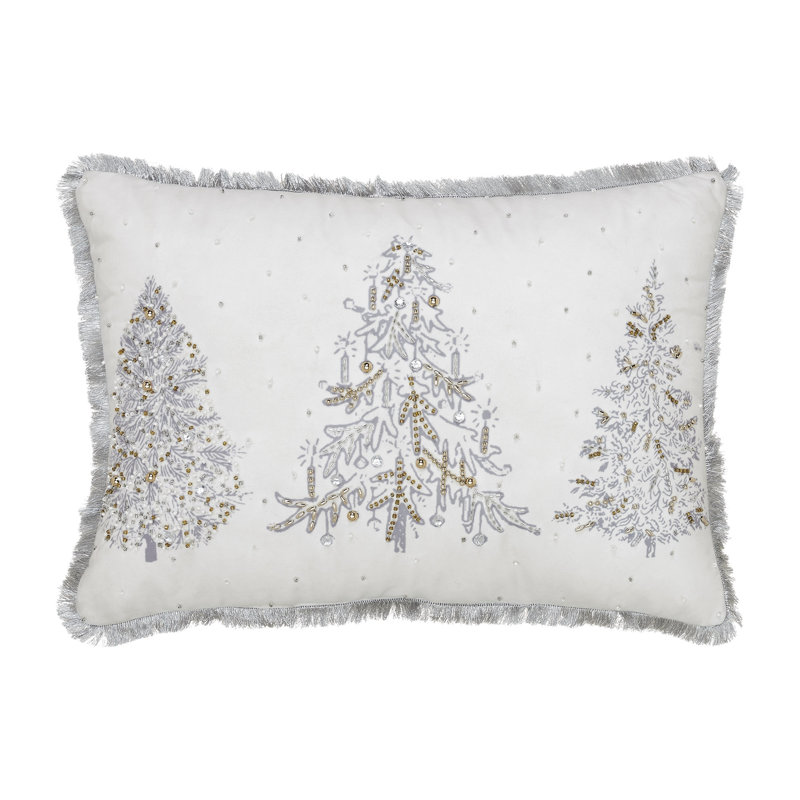 Coussin brodé cerf et pin 18, Blanc / argent / or