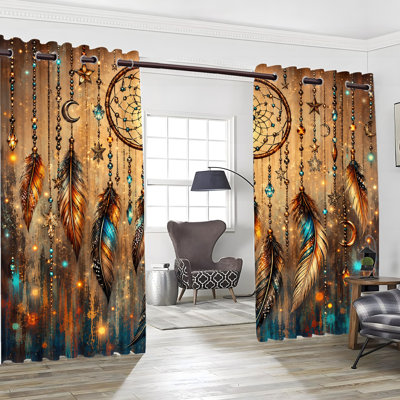 2Pcs Dream Catcher Feather Printed Grommet Blackout Curtains, Bohemian Style Drapes, Artistic Design for Living Room Bedroom Dormitory Indoor Home Decor
