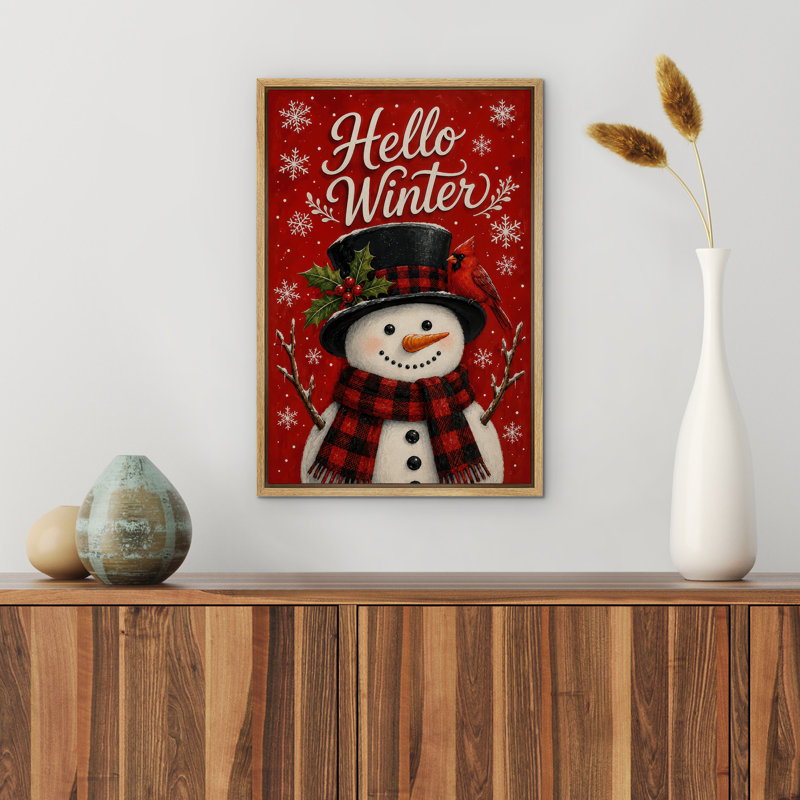 «Hello Winter Snowman and Red Cardinal Holiday Decor», reproduction d'art sur toile encadrée, 24" H x 16" W x 1.5" D, Natural