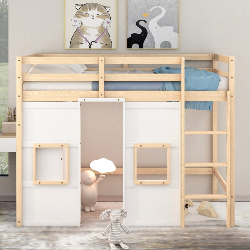 Lit mezzanine en bois avec garde-robe de rangement intégré et 2 fenêtres, Naturel / Blanc