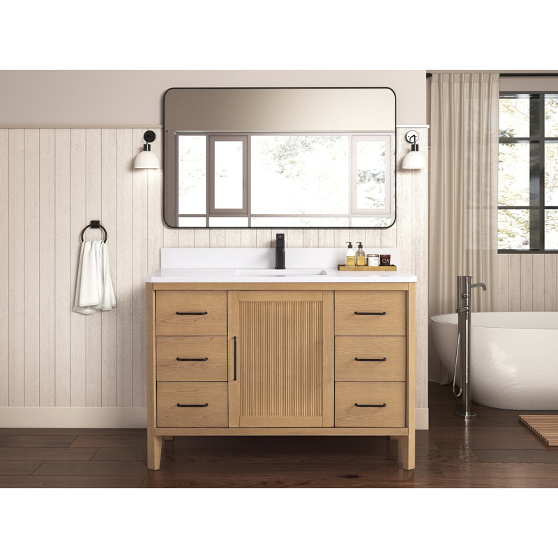 Meuble-lavabo autoportant Tennant Brand de style moderne du milieu du siècle, 48 pouces, couleur chêne brun chaud, lavabo simple, comptoir en quartz blanc, entièrement assemblé